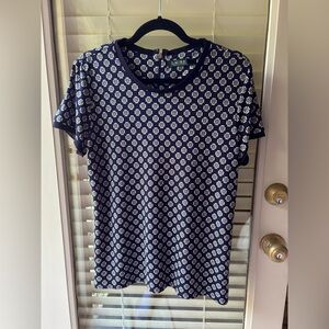 Lauren Ralph Lauren Dark Navy/Green Print Crew Neck Top w/Back Zipper in Size L